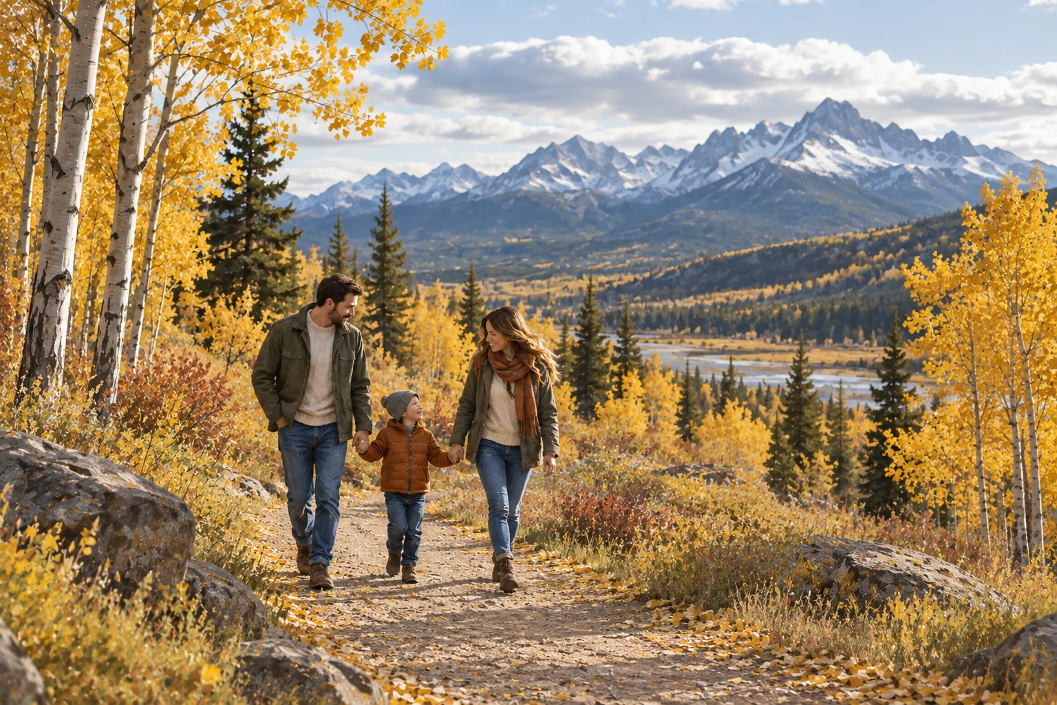 Family walking together along an autumn path among golden trees with mountains in the distance.