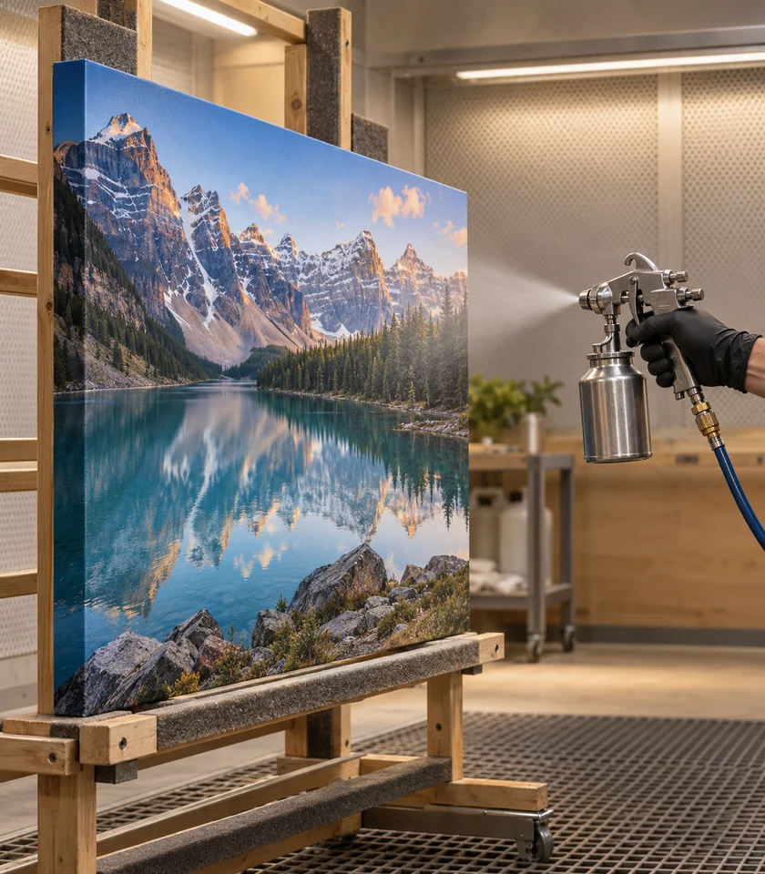 Protective varnish being sprayed onto a canvas print